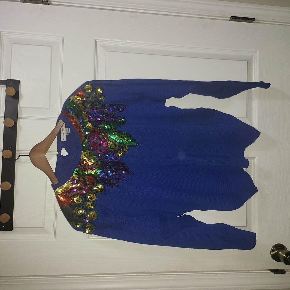 Vintage Victoria Harbour Sweater Sequined Collar Detail Blue 80’s size M #032